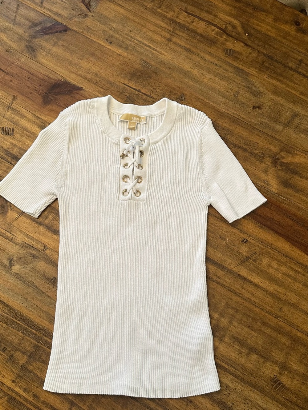 Michael Kors Cream Ribbed Lace-Up Short Sleeve Top